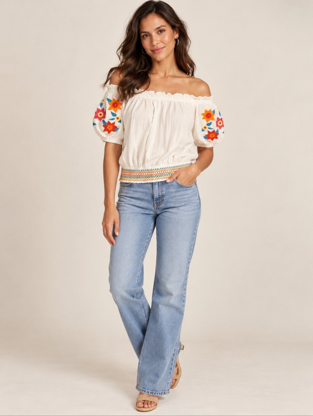 ❤️ SOLITAIRE EMBROIDERED OFF THE SHOULDER PEASANT TOP, SMALL